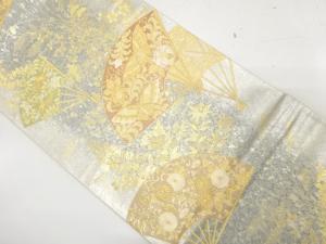 引箔　扇面に蝶・鳳凰・花唐草模様織り出し　袋帯